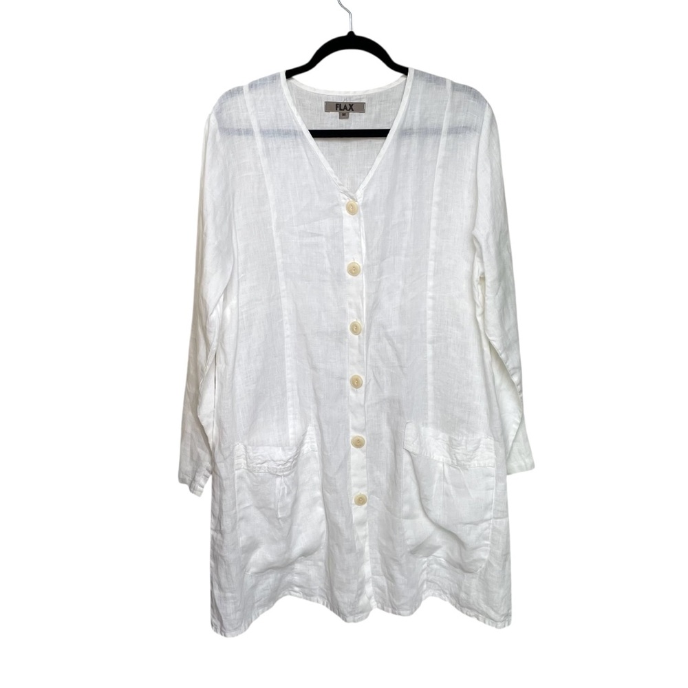 Flax Linen Lagenlook Button Front Long Tunic Blouse Ivory M